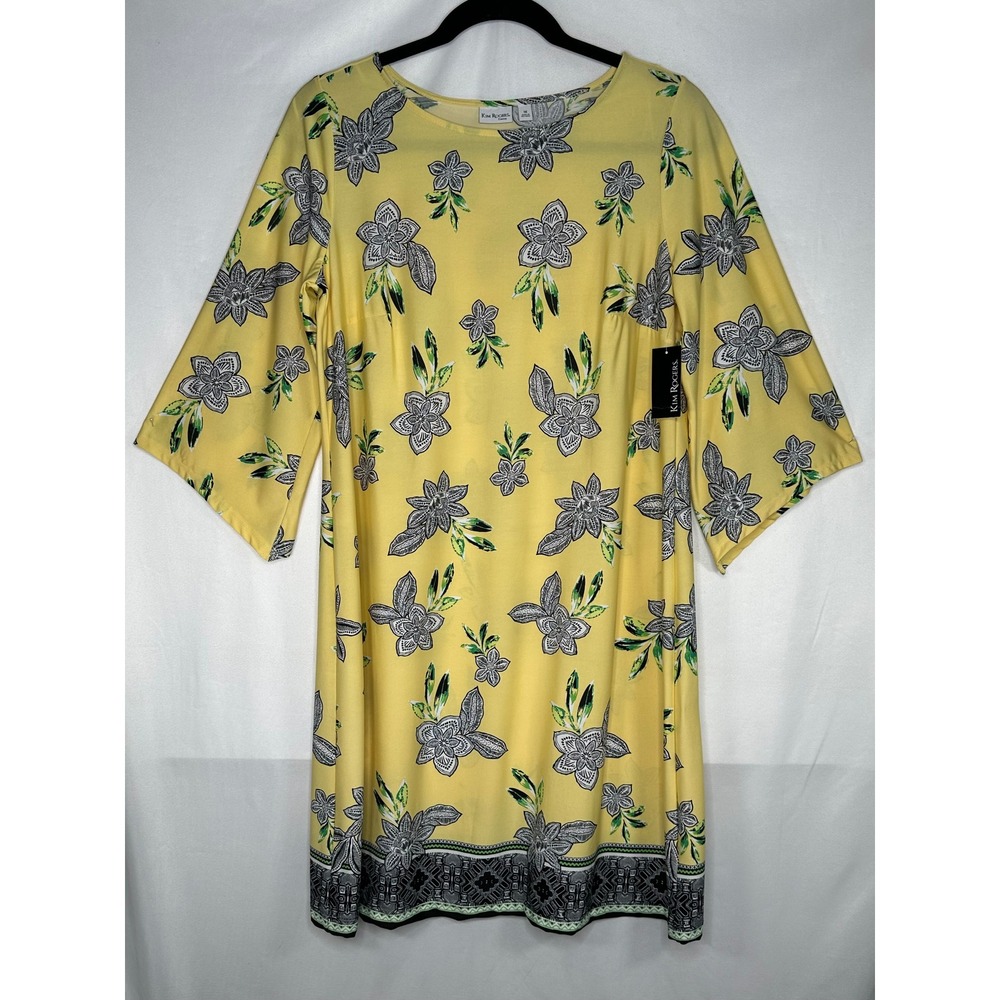 Kim Rogers Curvy Yellow Floral Bell Sleeve Shift Dress 1X NWT